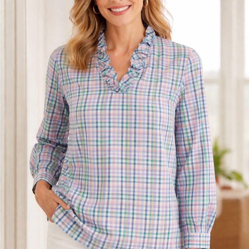 Talbots Multicolor Plaid Ruffle Blouse